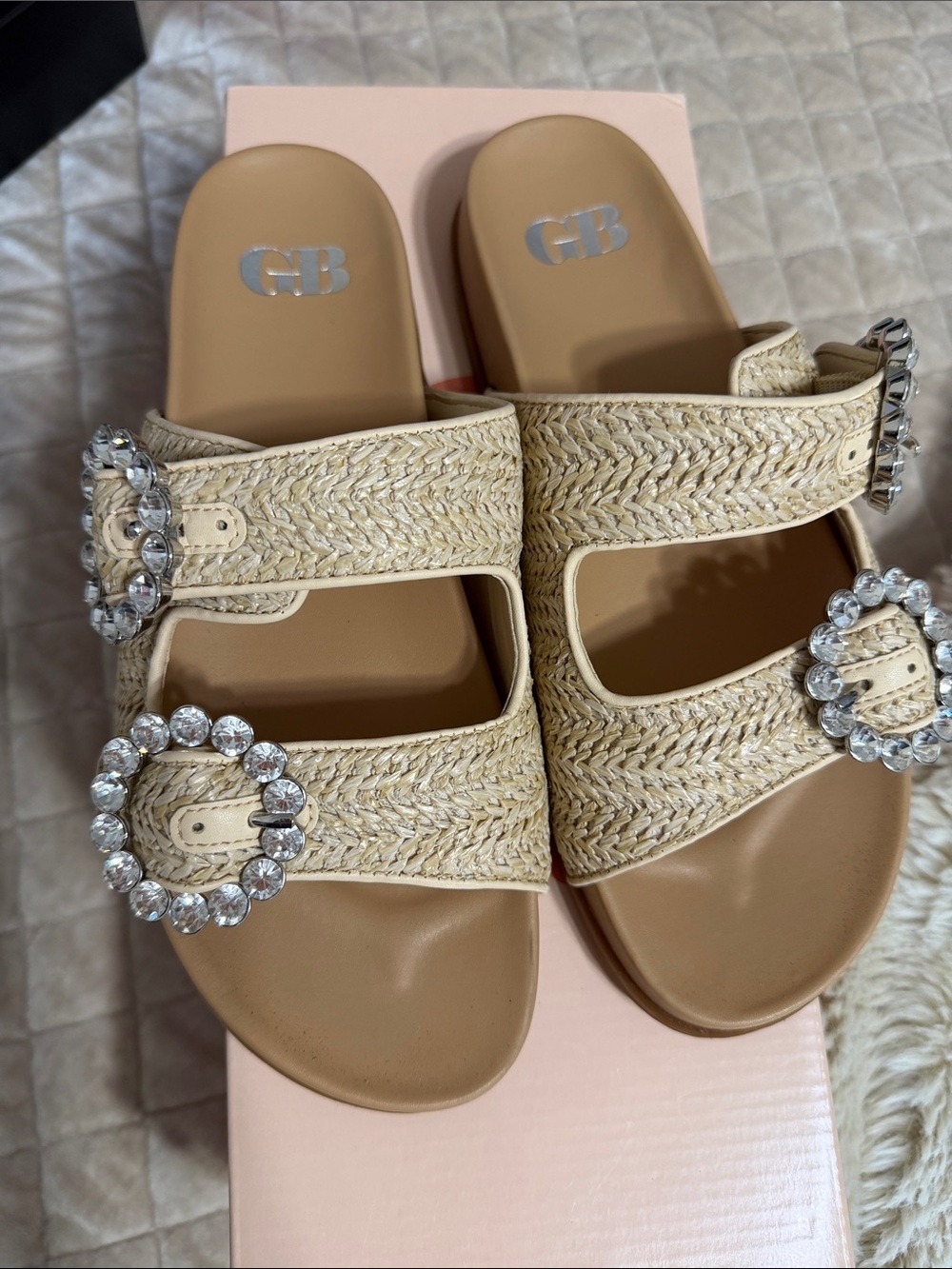 Gianni Bini Beige Woven Slide Sandals with Crystal Buckles